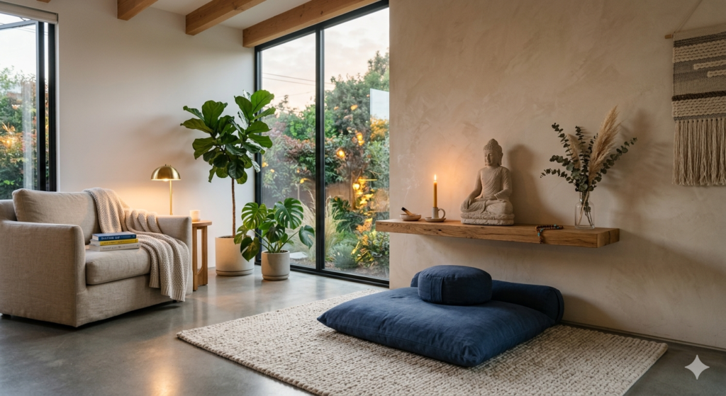 Serene licving space with spritual items on a make shit alter